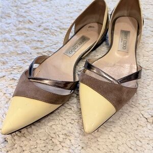Jimmy Choo Cream and Brown Flats with Metallic Accents